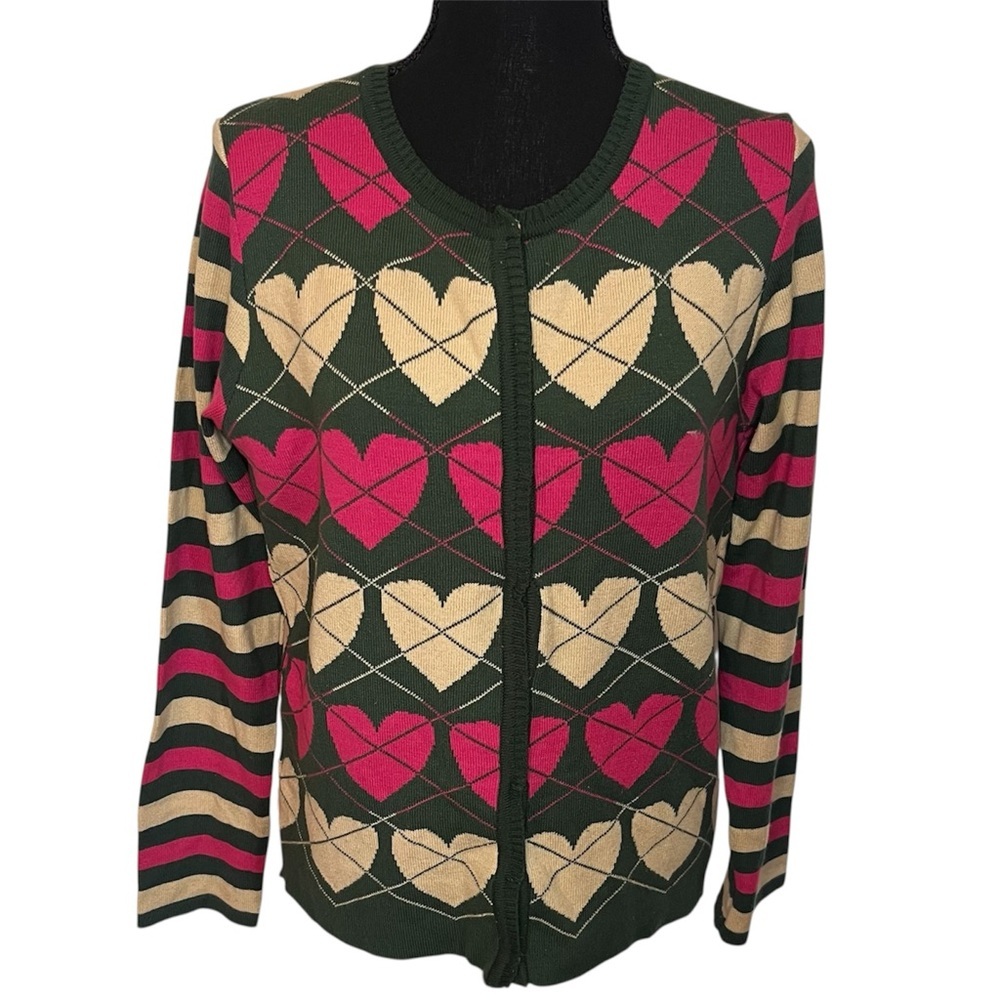 Vintage Patachou Brazil Heart Argyle Cardigan Sweater Sz L Valentine Snap Button